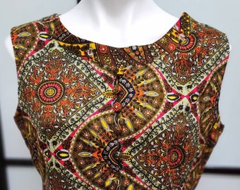 Vintage 1960s Top Brown Orange Yellow Multicolor Patterned Sleeveless Top Incredible Patterns Hippie Boho L