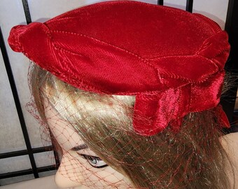 Vintage Velvet Hat 1950s Red Velvet Cocktail Hat Bows Veil Mid Century Rockabilly 20.5 in.
