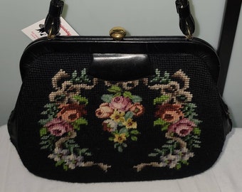 Vintage Needlepoint Purse 1950s 60s Black Wool Embroidered Purse Colored Flowers Floral Motif Mid Century Rockabilly