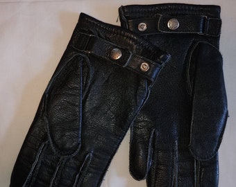 Vintage Driving Gloves 1980s Thick Black Leather Driving Gloves Fabric Lining Snaps German Boho 8