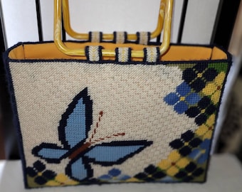Vintage Tote Bag 1970s Geometric Butterfly Cross Stitch Blue Yellow Huge Square Yellow Marbled Plastic Handles