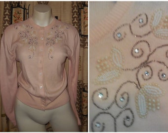 Vintage 1950s Sweater Light Pink Beaded Rhinestone Pearl Orlon Cardigan Rockabilly Pinup M L