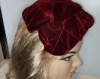 Vintage Half Hat 1950s Dark Red Velvet Ribbon Half Hat Mid Century Rockabilly Christmas