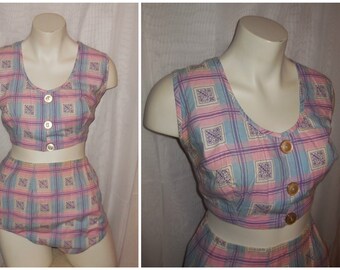 Vintage 1950s 60s Bikini Bathing Suit Pink Blue Plaid Cotton Bikini Button Up Top Two Piece Swimsuit Rockabilly L XL chest to 44 in