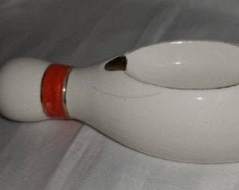 Vintage Bowling Pin Ashtray 1950s 60s Ceramic Painted Bowling Pin Shaped Ashtray Rockabilly
