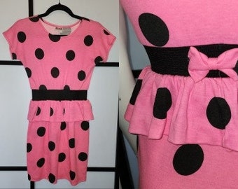 Vintage 1980s Dress Tight Pink Black Polka Dot Peplum Minidress Fame Clothing Company of California New Wave Nightclub
