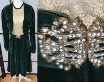 Vintage 1930s Dress Green Velvet Dress Cream Lace Front Panel Built In Bolero Rhinestone Belt German Art Deco S M