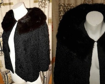 Unworn Vintage Jacket 1950s Short Black Silk Ribbon Jacket Large Fluffy Mink Fur Collar NWT Elegant Rockabilly Boho M L