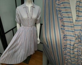Vintage 1950s Dress Pink Blue White Stripe Lightweight Cotton Summer Dress Ruffle Trim Mid Century Rockabilly S