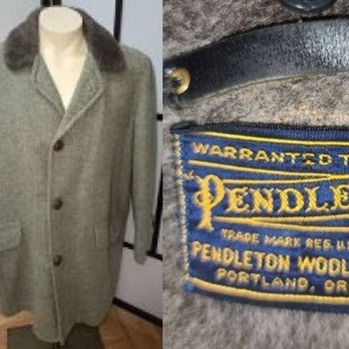 Vintage Men's Coat shops 1960s Light Gray Wool Herringbone Pendleton Short Coat Faux Fur Collar Lining Winter Coat Mid Century Rockabilly M L