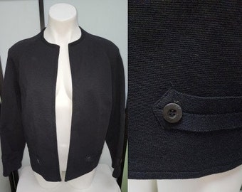 Vintage Wool Jacket 1950s 60s Black Wool Knit Open Jacket Button Tab Detail Catalina Mid Century Rockabilly L