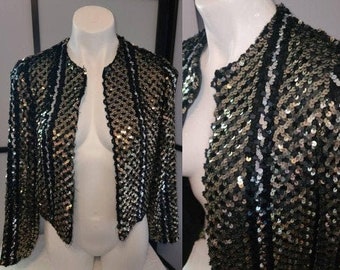 Vintage Sequin Jacket 1970s Black Gold Vertical Line Open Sequin Jacket Themes Disco Boho M chest to 38 in.