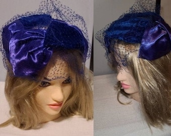 Vintage Cocktail Hat 1950s Blue Velvet Purple Satin Half Hat Round Hat Veil Rockabilly