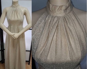 Vintage Silver Dress Long 1960s Silver Metallic Nude Halter Top Evening Gown Space Age Mod Boho M chest 38 in.