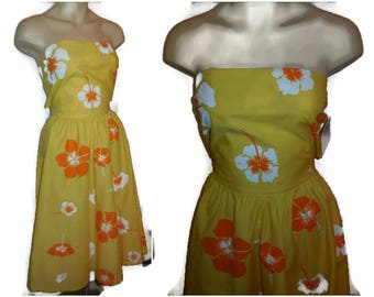 Vintage 1960s Sundress Strapless Halter Dress Antigua Boutique Tropical Orange Yellow Floral Screenprint Summer Rockabilly Tropical Dress S