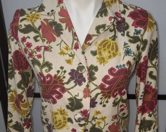 Vintage 1960s Jacket Beige Red Green Tapestry Floral Print Cotton Blend Short Cropped Jacket Mod Boho M