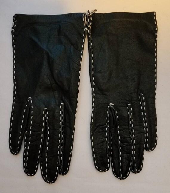 Vintage Leather Gloves 1960s Thin Black Leather Wrist… Gem