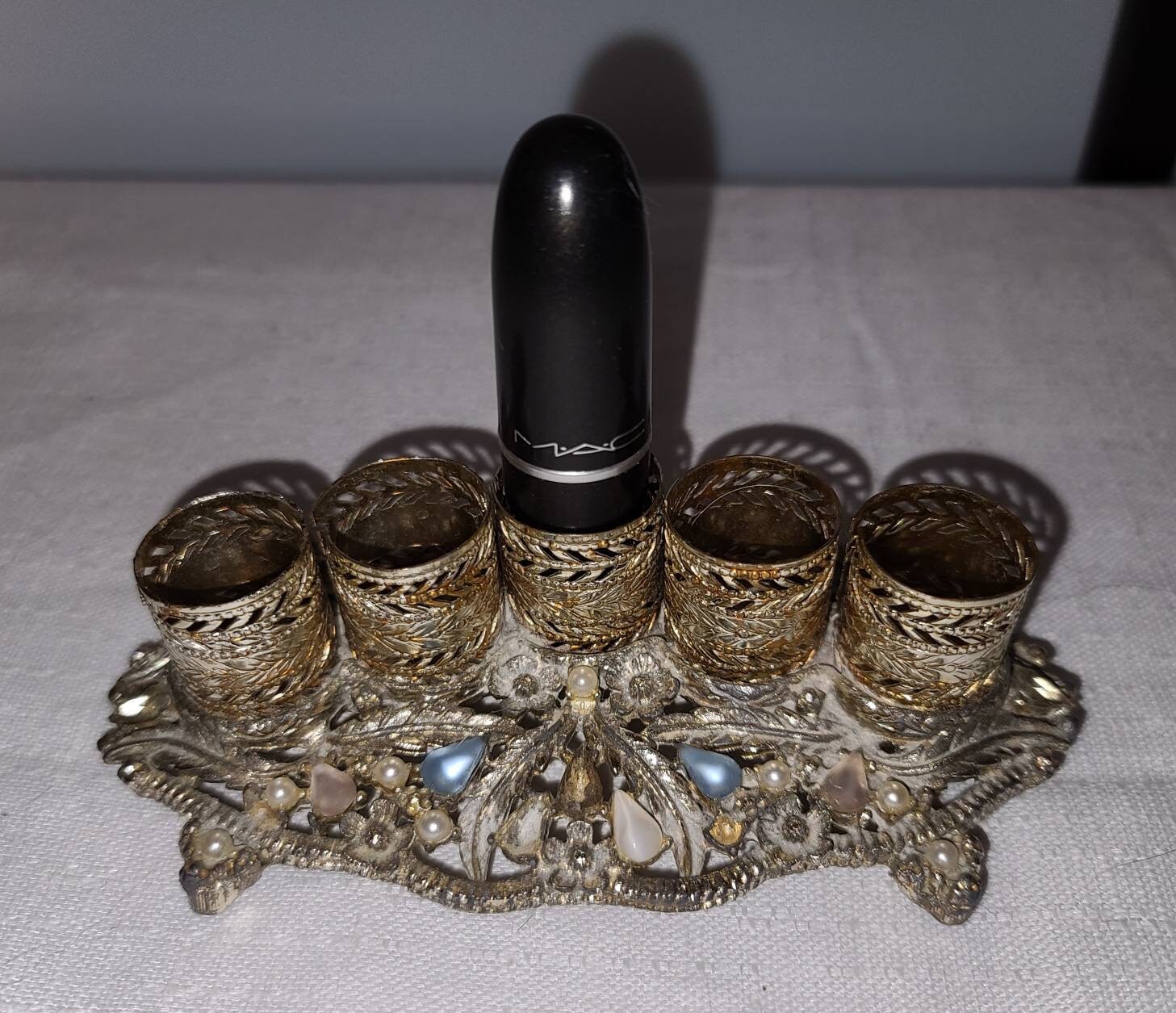 Vintage Lipstick Holder 1950s 60s Goldtone Metal Filigree Faux Jewels