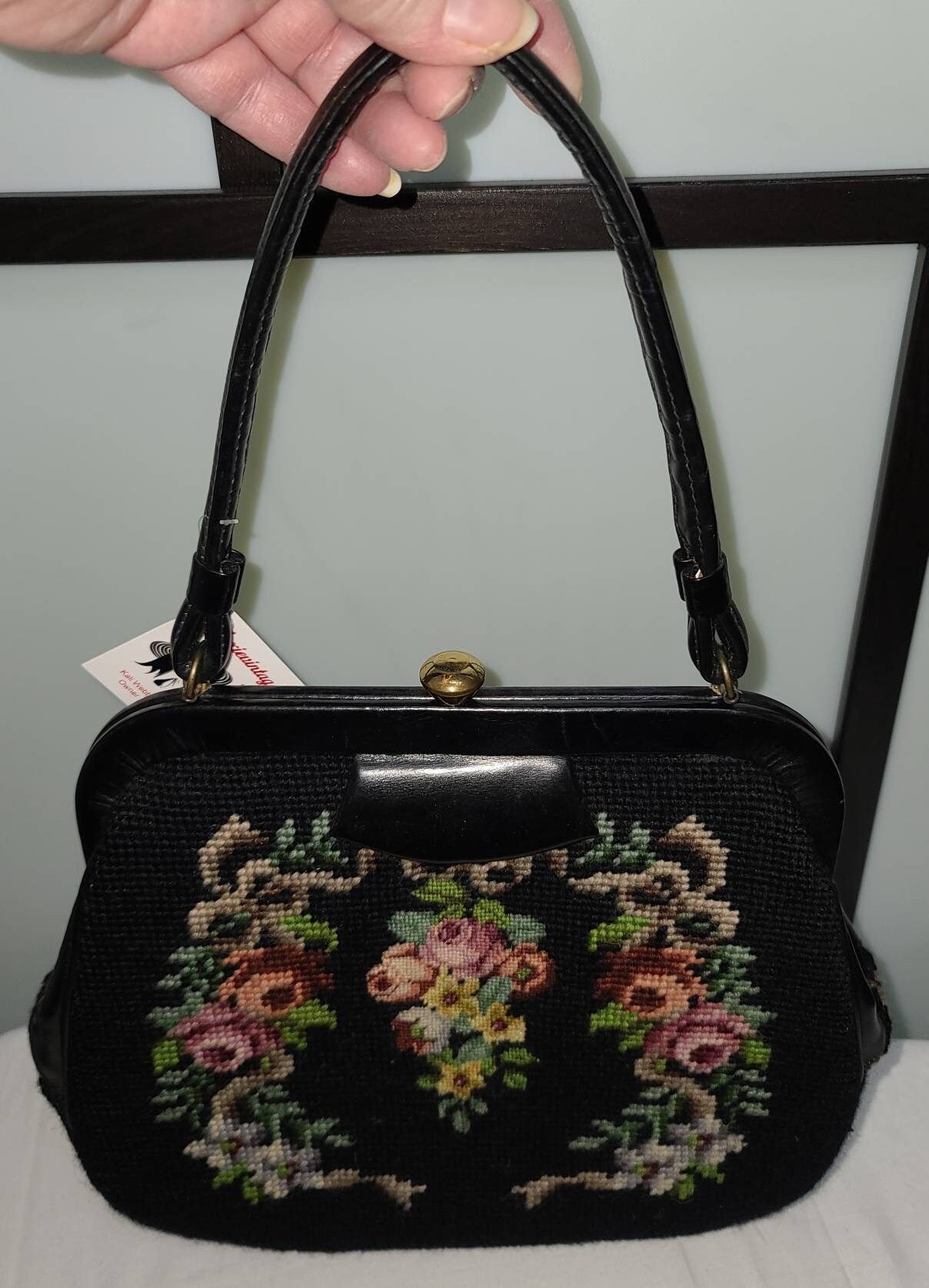 Vintage Needlepoint Purse 1950s 60s Black Wool Embroidered Purse