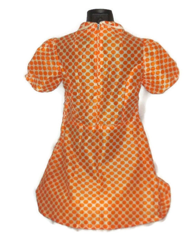 SALE Vintage Girls Dress 1950s 60s Girl Nylon Dress Orange White Polka Dot Dress German Mod Lolita Kids Teenager chest to 32 in,