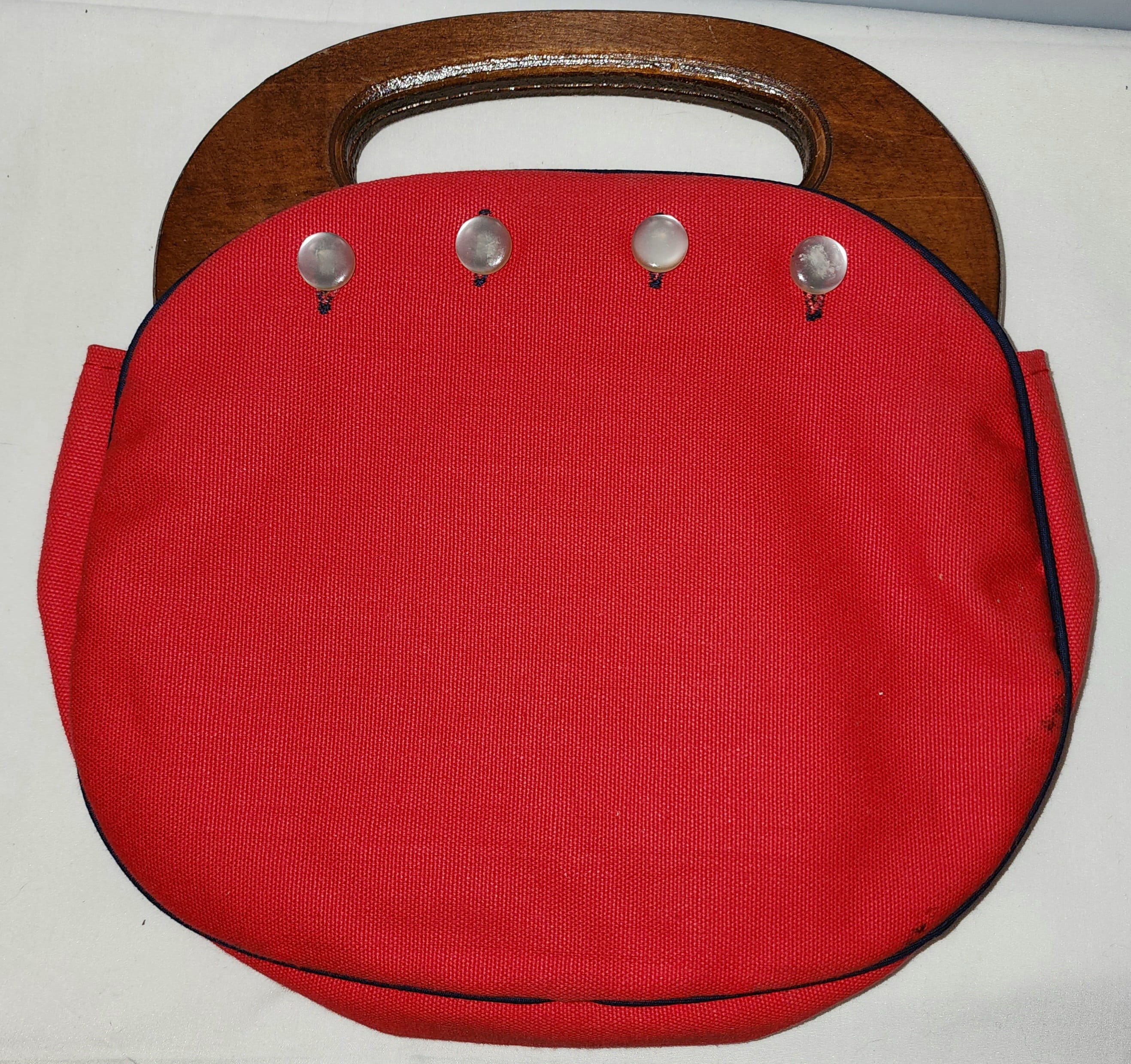 Vintage Bermuda Bag 1970s 80s Wood Handle Purse Red Blue Changeable