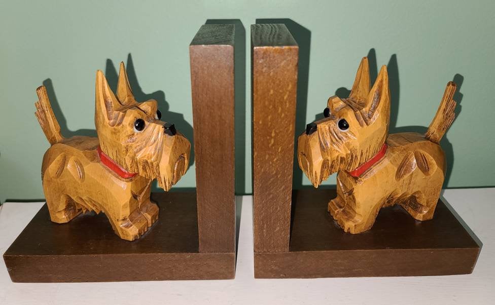 Vintage Dog Bookends 1950s Wood Scotty Dog Bookends Carved Dogs So Cute