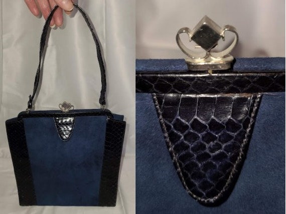 Vintage 1930s 40s Purse Dark Blue Snakeskin Suede
