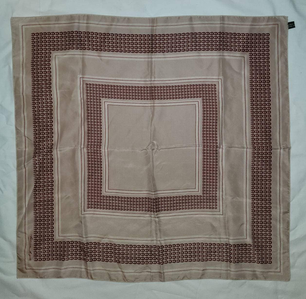 Vintage Silk Scarf Large 1970s 80s Designer Scarf Etienne Aigner Beige Oxblood Geometric A Logo