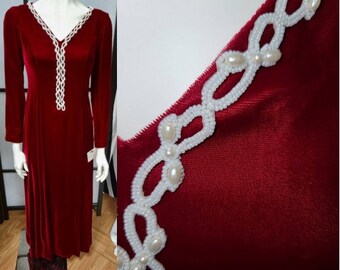 Vintage Velvet Dress 1960s 70s Long Lush Dark Red Velvet Gown Faux Pearl Trim Renaissance Boho S