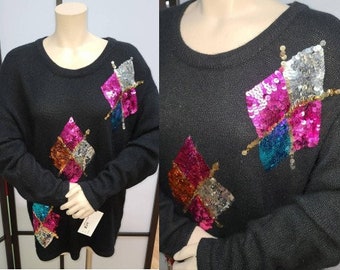 SALE Vintage 1980s Sweater Black Angora Pullover Large Multicolor Sequin Diamond Designs Boho XL chest 44 in.