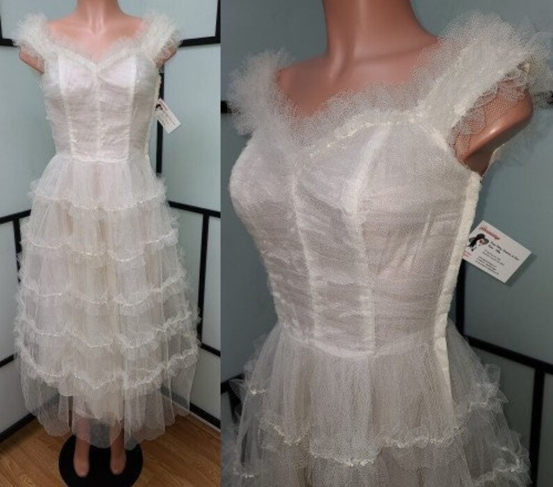 Vintage 1950s Dress White Tulle Net Ruffle Bouffant Sweetheart Bust Boning Prom Wedding Bridal Dress Mid shops Century Rockabilly M