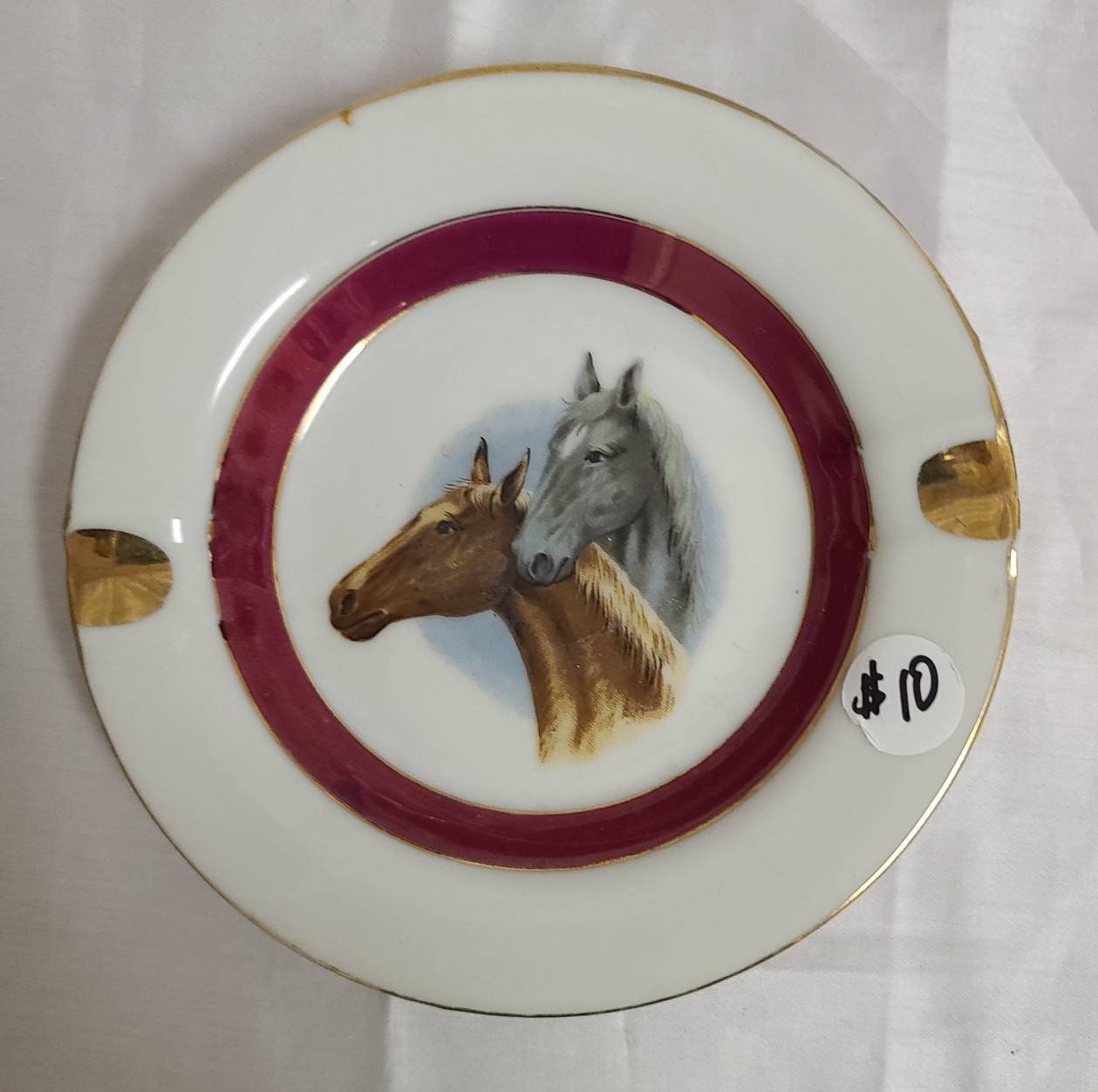 Vintage Horse Ashtray Small Round Ceramic Ashtray White Red Gold 2