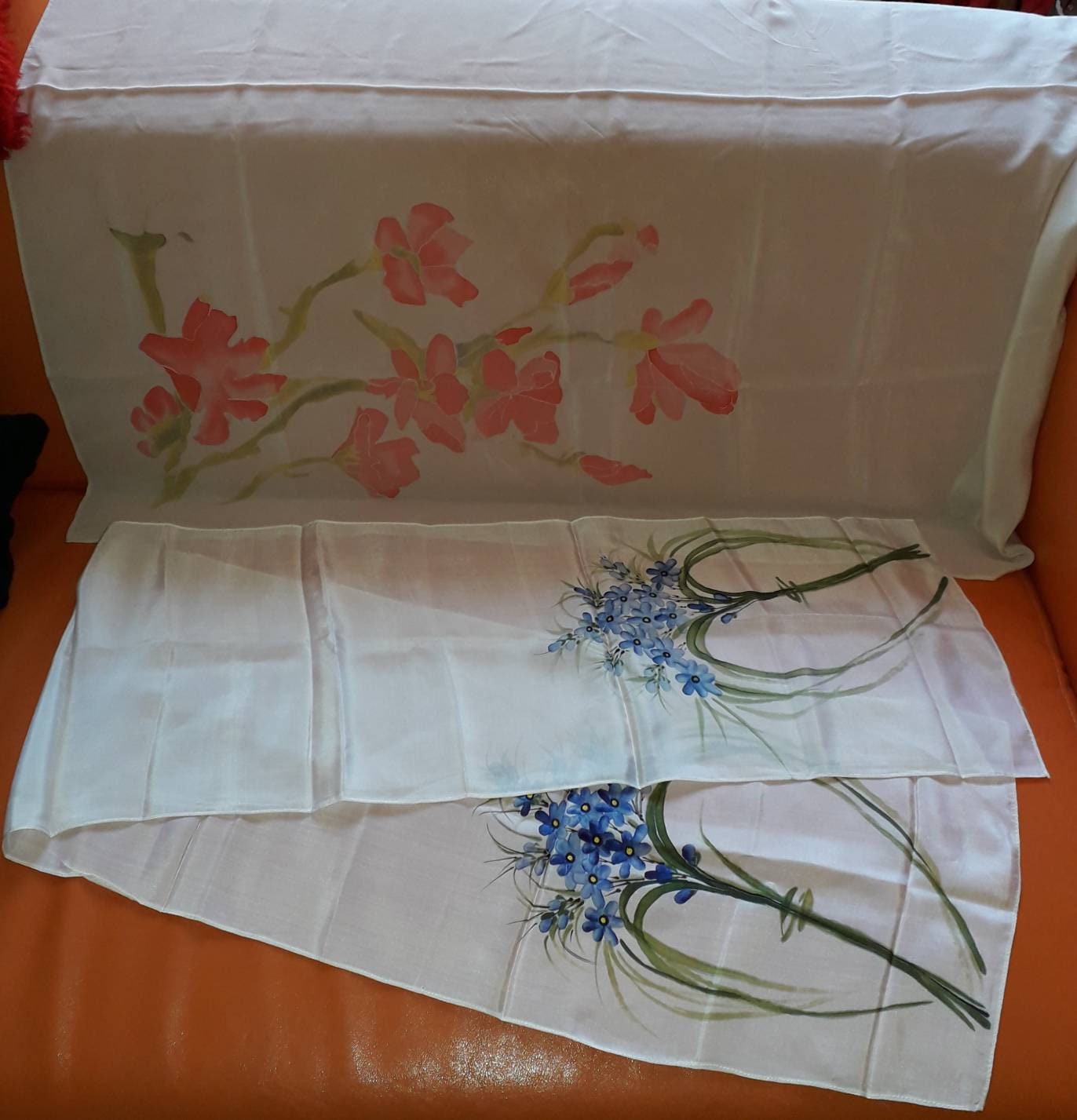 SALE Lot of 2 Vintage Silk Scarves Handpainted Floral Silk Scarf White
