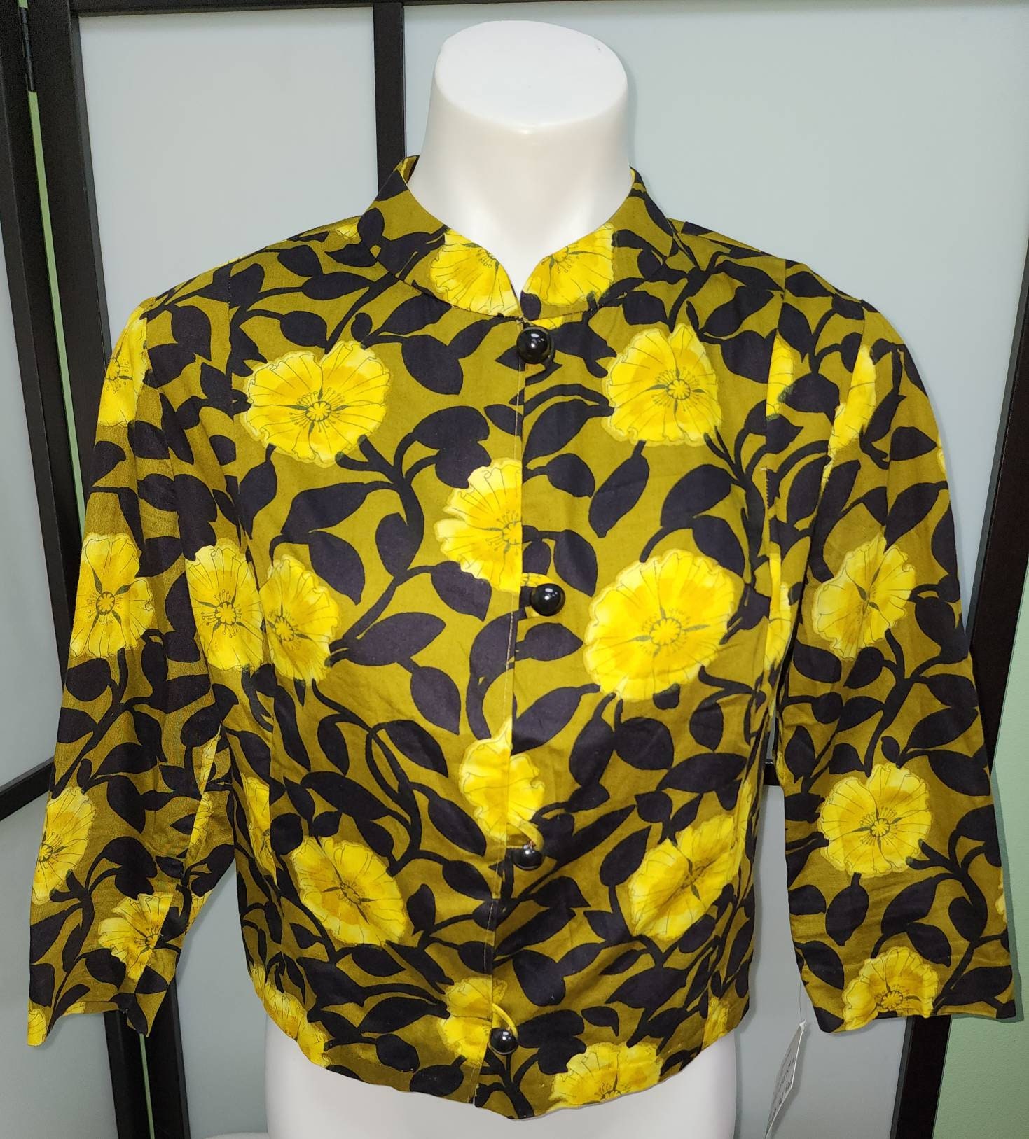 HOLD for S Vintage 1960s Blouse Bright Yellow Floral Print Black Cotton ...