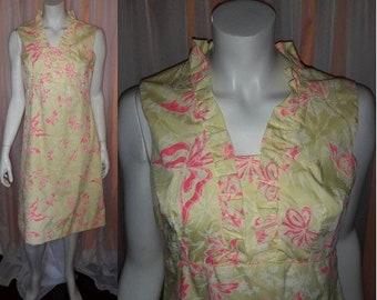 Vintage 1960s Dress Light Yellow Cotton Blend Pink Butterfly Print Summer Mod Boho M chest to 38 in.