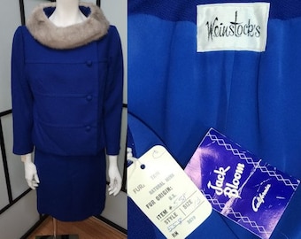 Unworn Vintage Skirt Suit 1950s 60s Bright Blue Wool Suit Huge Silver Mink Fur Collar Jack Bloom California NWT Mid Century Rockabilly M