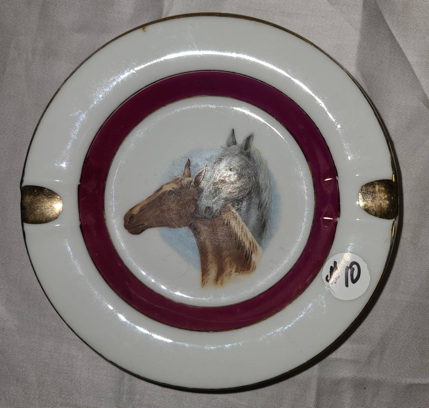 Vintage Horse Ashtray Small Round Ceramic Ashtray White Red Gold 2