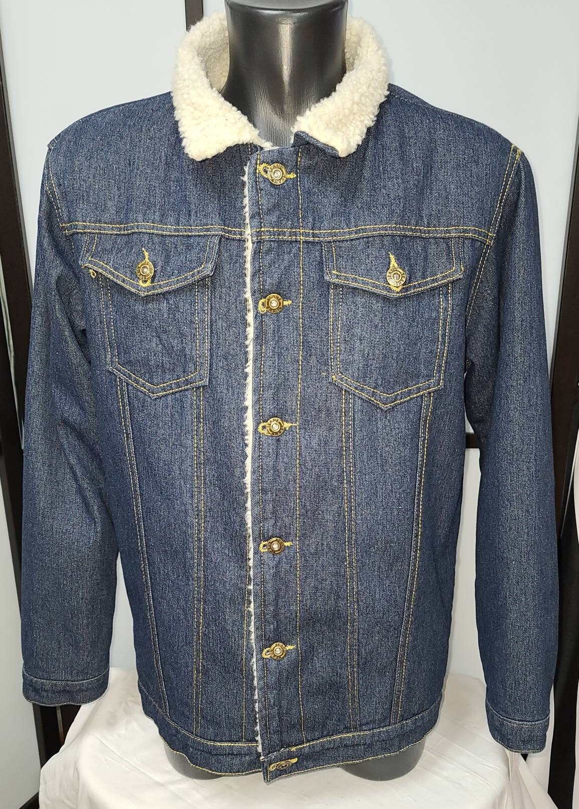 SALE Vintage Men's Jacket Lightweight Dk Blue Denim Jacket White Fuzzy