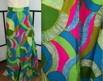 Vintage Long Skirt 1960s Bright Psychedelic Abstract Pattern Skirt Hippie Boho Hawaii M waist 27 in.