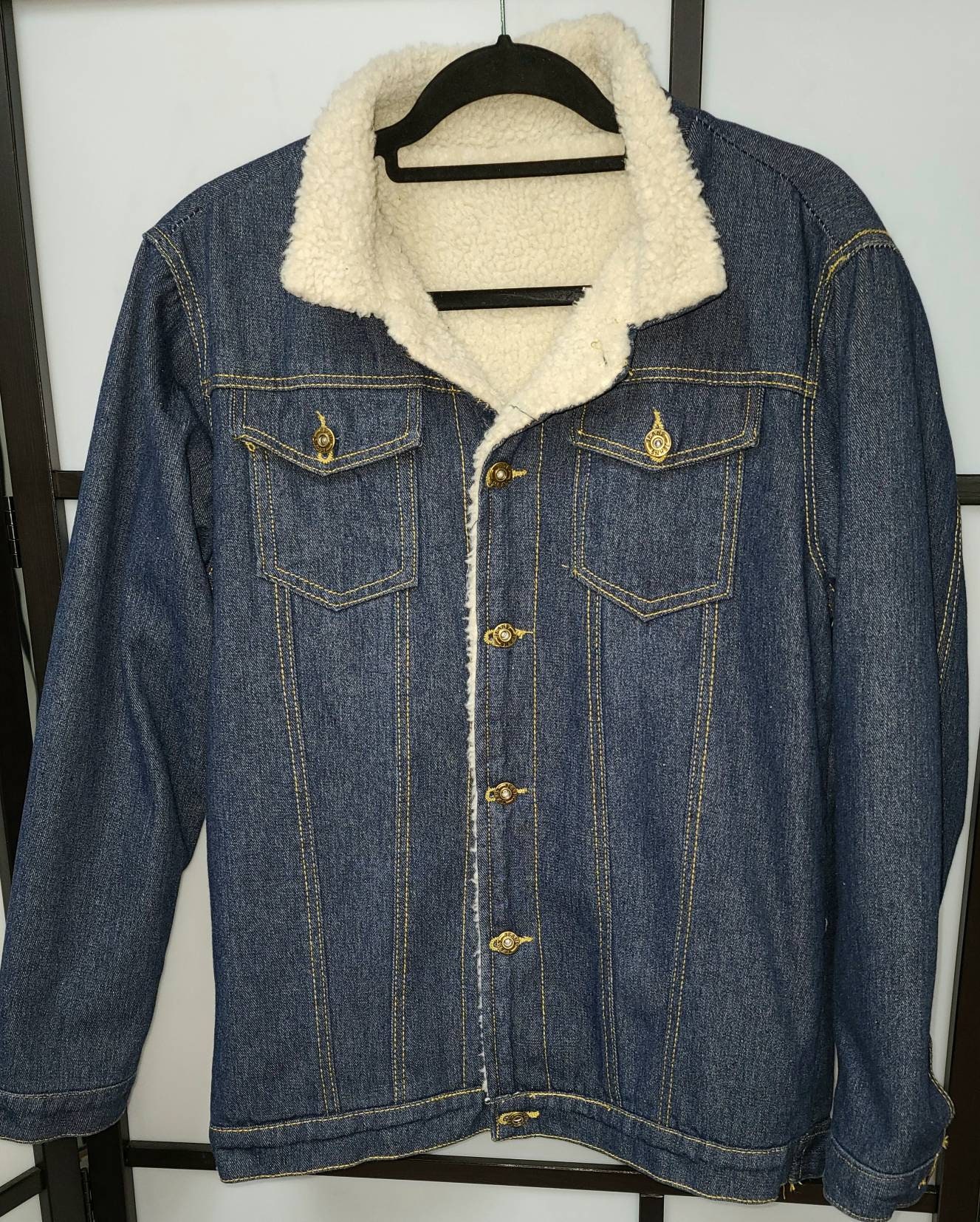 SALE Vintage Men's Jacket Lightweight Dk Blue Denim Jacket White Fuzzy
