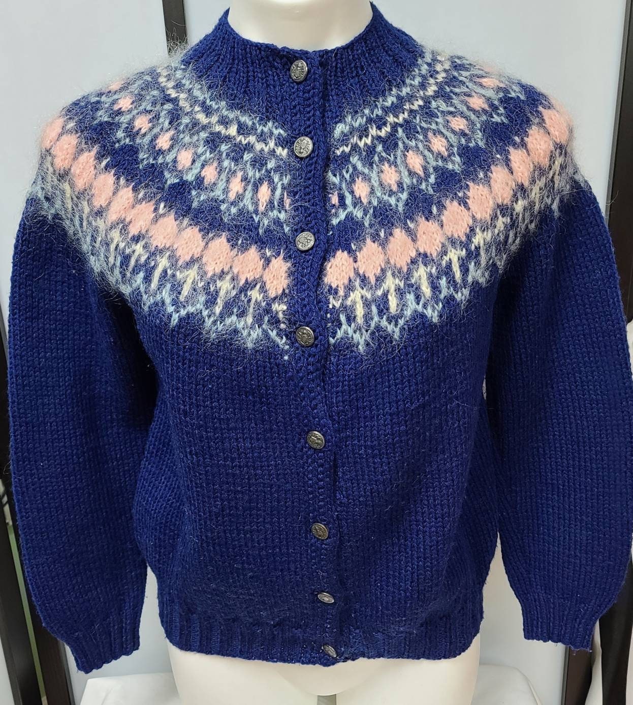 SALE Vintage Cardigan Sweater 1960s 70s Blue Sweater Pink Angora ...