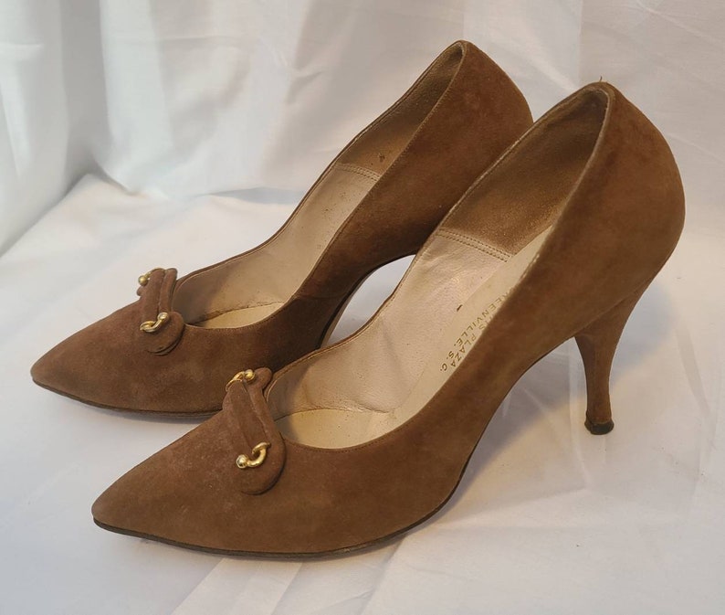 Vintage 1950s Pumps Brown Suede Stiletto High Heel Shoes Gold | Etsy