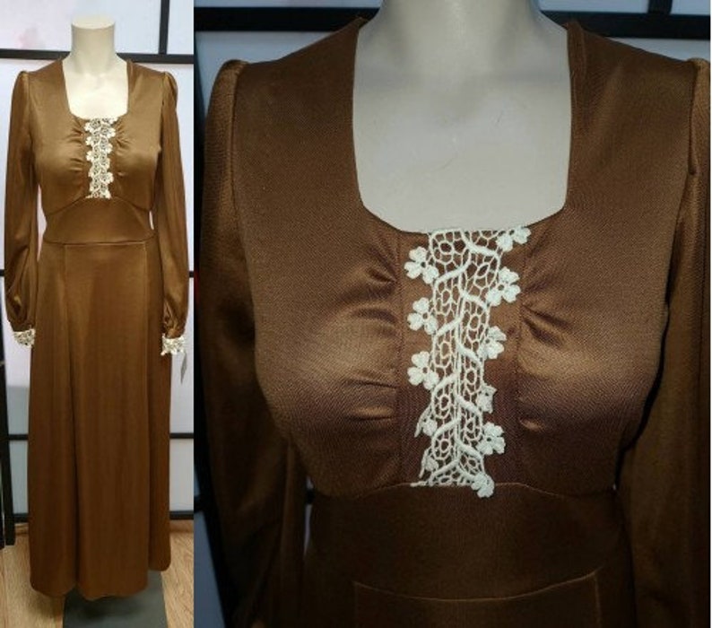 Vintage 1970s Dress Long Brown Polyester Gown Cream Open Lace Details Ties at Back Boho Maxidress S M chest 37 in.