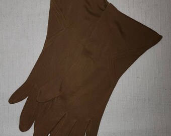 Vintage Brown Gloves 1950s 60s Nylon Midlength Stretch Gloves Triangle Stitching Detail Mid Century Rockabilly 6 7 S M