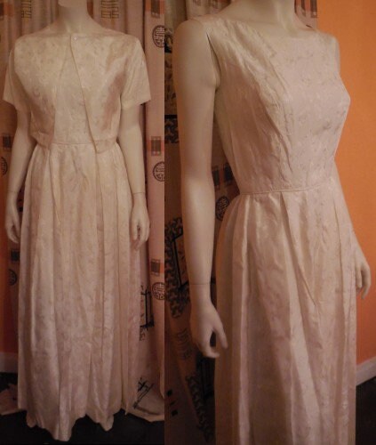 Vintage 1950s 60s Long Dress And Bolero Jacket Cream Brocade Gown