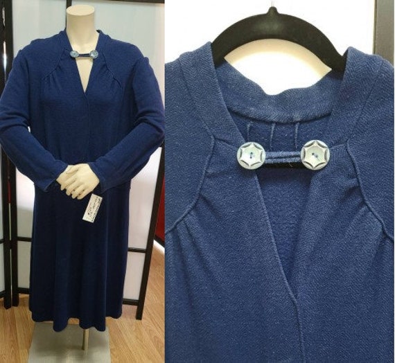 Vintage 1920s 30s Dress Heavy Blue Wool Blend Drop