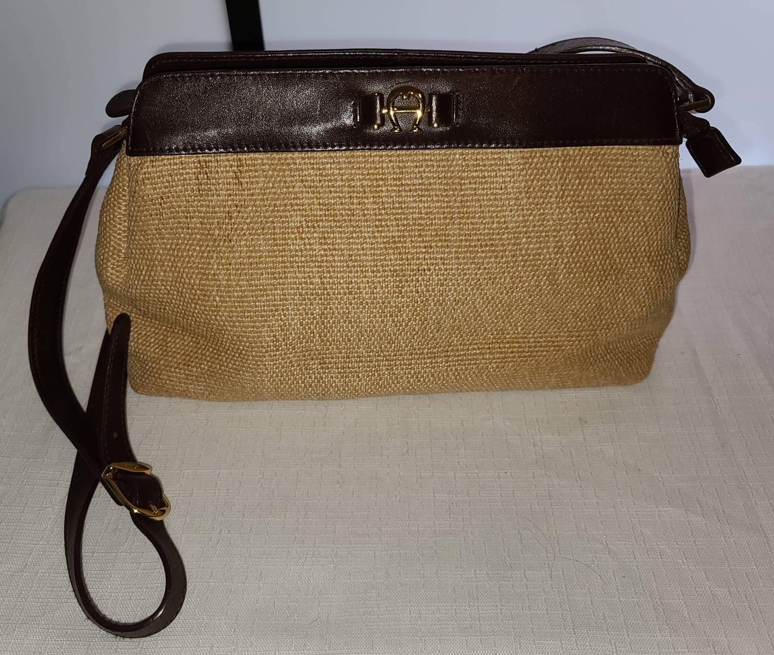 Vintage Aigner Purse 1990s 2000 Beige Faux Straw Oxblood Leather