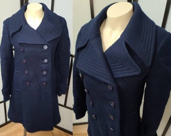 Vintage Short Coat 1960s Navy Blue Wool Double Breasted Minicoat Satin Lining Nautical Mod XS S