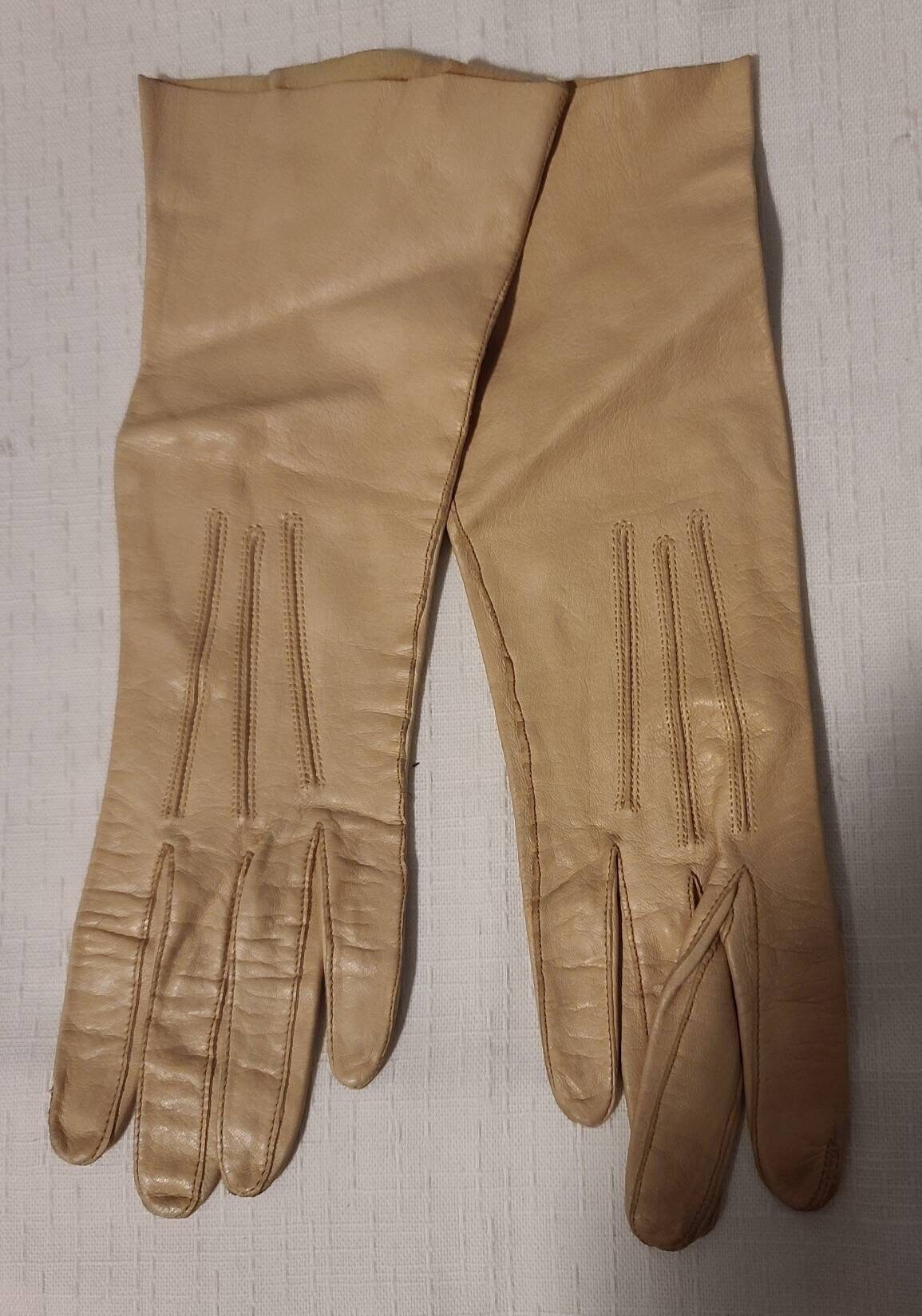 Vintage Leather Gloves 1950s 60s Fownes Beige Tan Midlength Thin