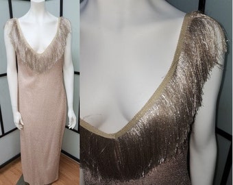 Vintage Glitter Dress Long Light Pink Metallic Dress Silver Metallic Fringe Low Cut Sexy Gown Halloween NYE Burlesque Drag M